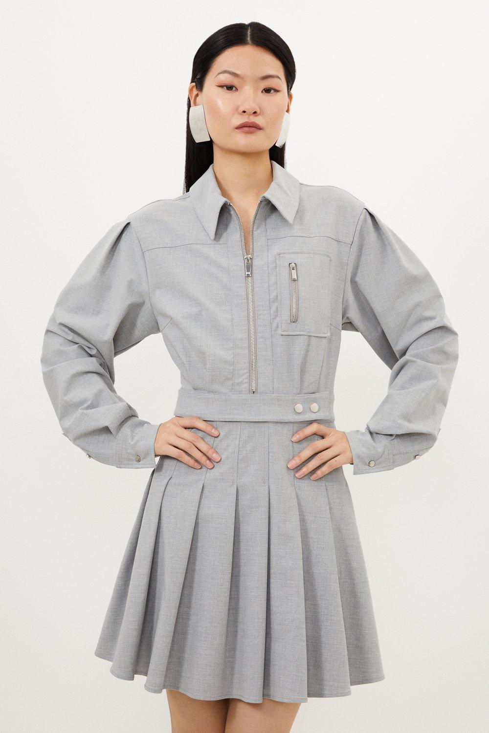 Grey Marl Wool Mix Shirt Mini Dress | Karen Millen